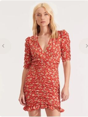 Veronica Beard Josephine Silk Floral Dress Size 2 Red Ruched Mini Puff Sleeve